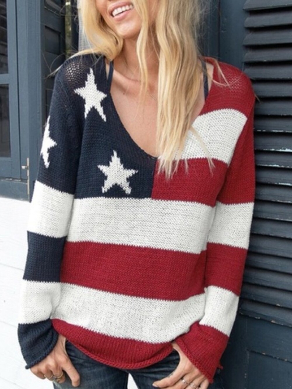 Wooden Ships Flag V-Neck Sweater Small/Medium